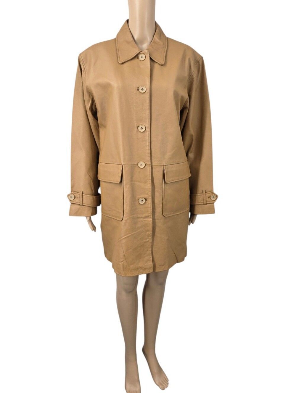 Newport News Tan Camel Leather Coat Women's Button Front Longline Jacket
